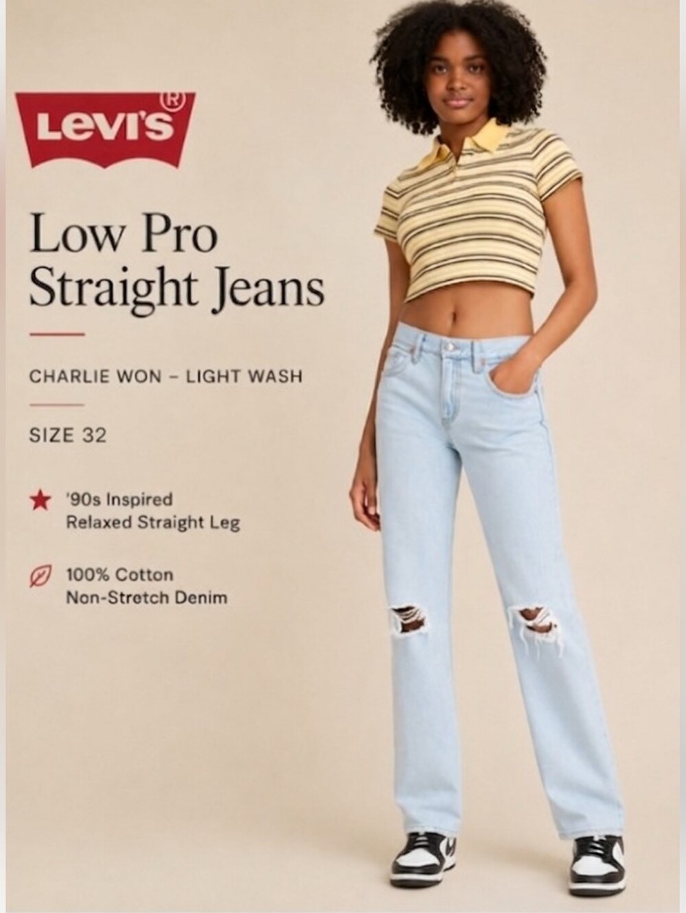Levi's Low Pro Straight Jeans Size 32 Light Wash Distressed Ripped Denim Pants